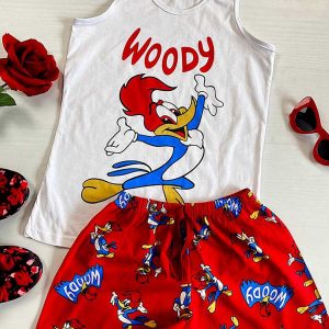 Pijama dama bumbac Woody este o pijama scurta formata din maieu alb si pantaloni scurti de culoare rosie. Aceasta pijama iti va transforma zilele mohorate de toamna intr-o explozie de veselie si culoare.