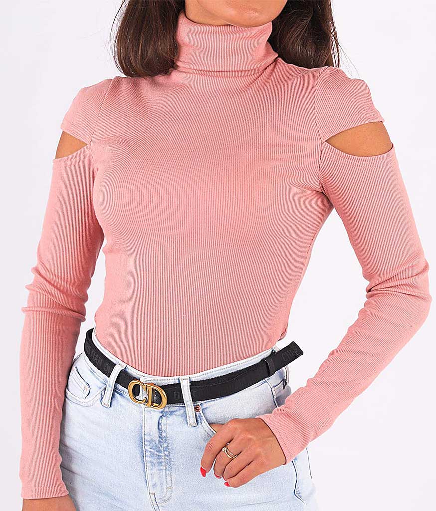 Maleta cu decupaj la umeri Peach din tricot cu guler si decupaje pe umeri. Alege sa fii moderna si feminina! Calitate la preturi competitive!
