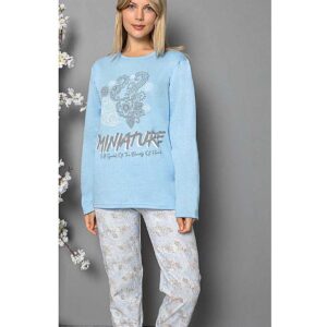 Pijama Dama Vatuita Bleu din bumbac gros. Setul conține bluză pantaloni lungi cu imprimeu. Este confortabila și potrivită pentru sezonul rece.