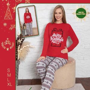 Pijama Dama Vatuita Imprimeu Cadou din bumbac gros. Bluza și pantalonii lungi cu imprimeu de sezon sunt ideale pentru sărbători de iarnă magice.