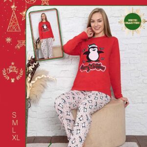 Pijama Dama Vatuita Christmas Penguin din bumbac gros. Bluza și pantalonii lungi cu imprimeu de sezon sunt ideale pentru sărbători de iarnă magice.