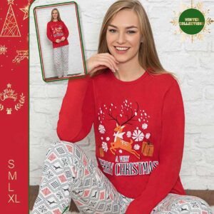 Pijama Dama Vatuita Craciun Fericit Ren din bumbac gros. Bluza și pantalonii lungi cu imprimeu de sezon sunt ideale pentru sărbători de iarnă magice.
