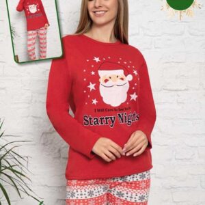 Pijama Dama Vatuita Mos Craciun din bumbac gros. Bluza și pantalonii lungi cu imprimeu de sezon sunt ideale pentru sărbătorile de iarnă.