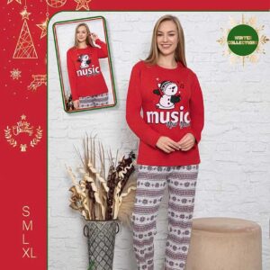 Pijama Dama Vatuita Snowman Music din bumbac gros. Bluza și pantalonii lungi cu imprimeu de sezon sunt ideale pentru sărbători de iarnă magice.