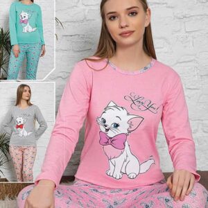 Pijama Femei Vatuita Aristocat Roz din bumbac gros. Setul conține bluză și pantaloni lungi cu imprimeu cool, este perfecta pentru zile leneșe.