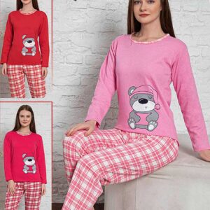 Pijama Femei Vatuita Good Night Roz din bumbac gros. Setul conține bluză și pantaloni lungi cu imprimeu cool. Alege confortul și calitatea!