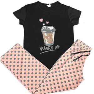 Pijama Femei Pantaloni Lungi Negru/Roz din 100% bumbac. Compusă din tricou cu imprimeu și pantaloni lungi cu buline, este potrivită pentru sezonul rece.