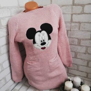Pulover Dama cu Buzunare Minnie Roz din bumbac gros. Pulover lung cu buzunare, ideal pentru o stare de confort in sezonul rece.