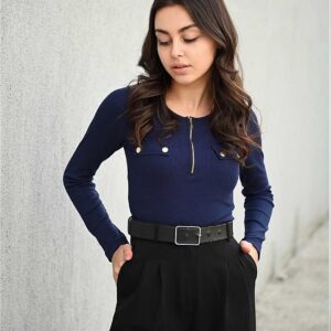 Bluza basic cu fermoar Bleumarin din bumbac striat tetra. Etaleaza-ți feminitatea cu bun gust! Alege culoarea preferata si pune-te in valoare!