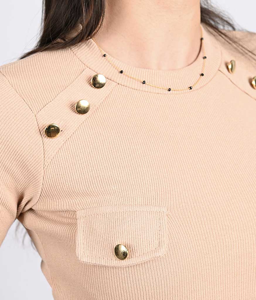 Bluza bumbac nasturi decorativi Bej din bumbac striat tetra. Etaleaza-ți feminitatea în tinute chic care sa-ti puna in valoare frumusetea!