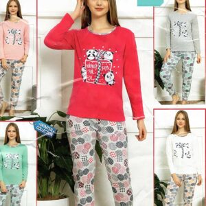 Pijama Dama Vatuita Panda din bumbac gros. Setul conține bluză și pantaloni lungi cu imprimeu cool. Alege confortul și calitatea!
