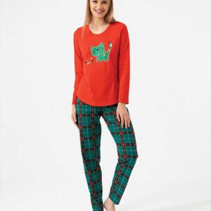 Pijama Bumbac Dama Carouri Rosu/Verde confectionata din bumbac 100%. Pantalonii si bluza au croiala lejera si imprimeu simpatic. Calitate la preturi mici!