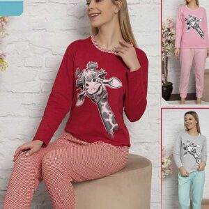 Pijama Bumbac Vatuit Pantaloni Lungi Giraffe din bumbac vatuit. Bluza cu maneca lunga si pantalonii lungi sunt alegerea perfectă pentru sezonul rece.