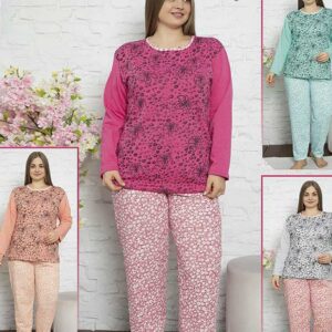 Pijama Dama Bumbac Vatuit Flowers din bumbac vatuit. Setul conține bluză și pantaloni lungi cu imprimeu. Este lejeră, perfectă pentru sezonul rece.