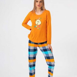 Pijama Dama Bumbac Carouri Portocaliu confectionata din bumbac fin. Pantalonii si bluza sunt confortabile și feminine. Calitate la preturi mici!