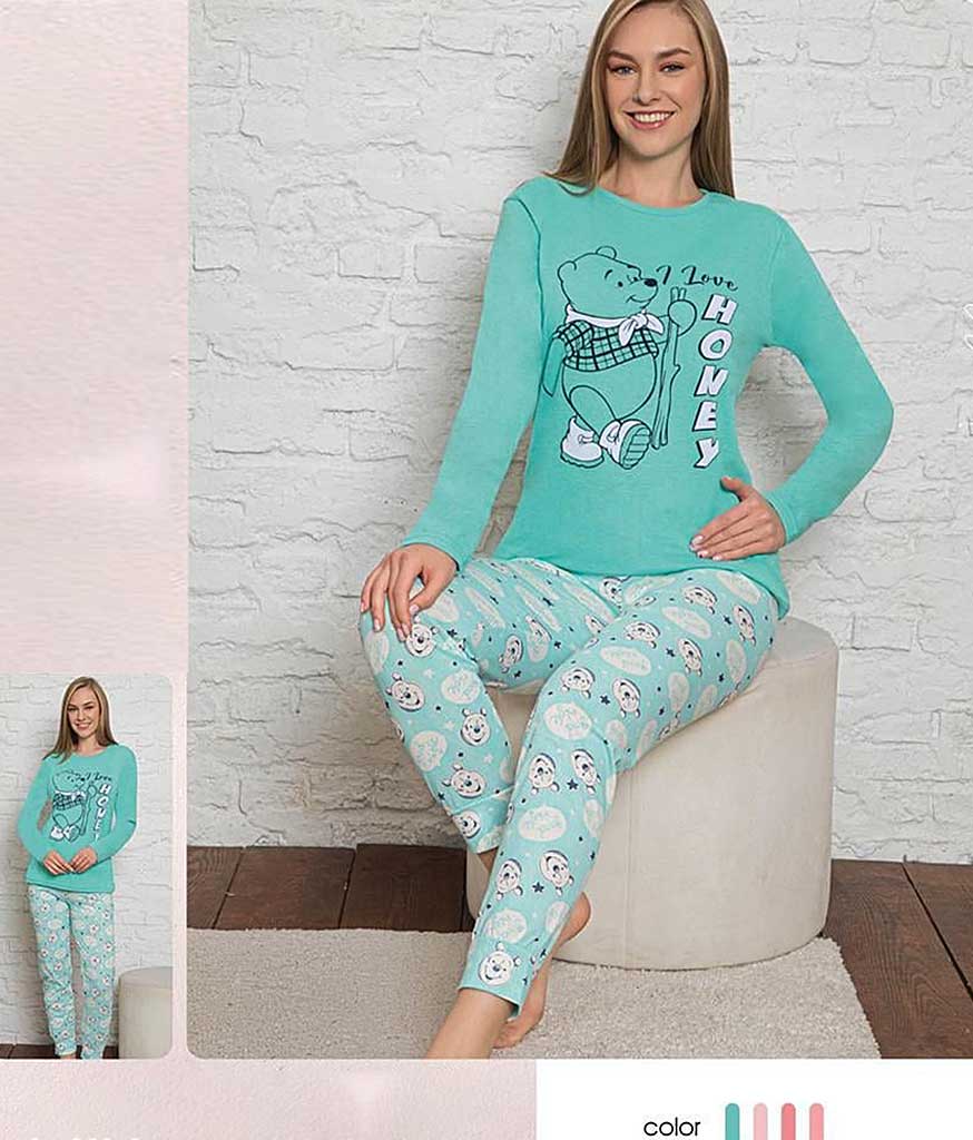 add to wide boot Pijama Lunga Dama Bumbac Bear Turcoaz - bumbac premium