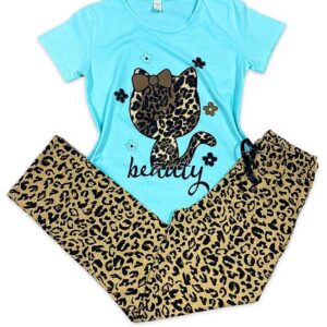 Pijama tricou pisica bleu/animal print din bumbac. Setul conține tricou și pantaloni lungi cu animal print. Alege culoarea preferata!