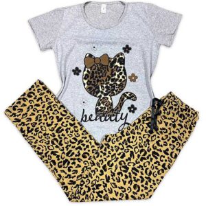 Pijama tricou pisica gri/animal print din 100% bumbac. Setul conține tricou și pantaloni lungi cu animal print. Alege culoarea preferata!